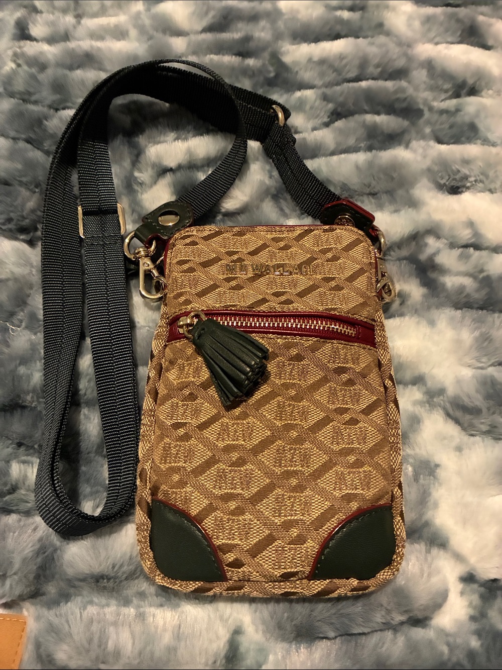 NWOT MZ Wallace Tan Jacquard Mini Crossbody with Green Trim and Green Strap